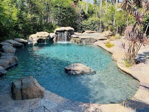 A clear pool with a waterfall feature surrounded by rocks and lush greenery.