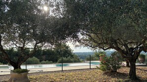A stone pathway leading to a pool area with a view of the landscape.