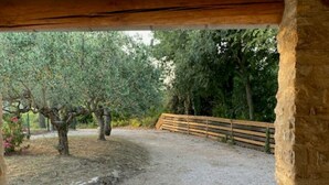 A stone-paved courtyard with a wooden pergola, stone columns, and a wooden fence.