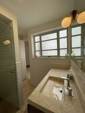 Shower, hair dryer, towels