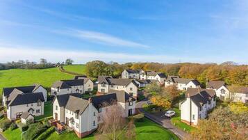 Houses are arranged in a semi-circular pattern around a central road lined with trees and parked cars.