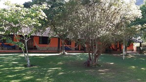 A courtyard with a hammock, a tree, and a building with a tiled roof. - Pousada Rancho da Mata (Valenca)