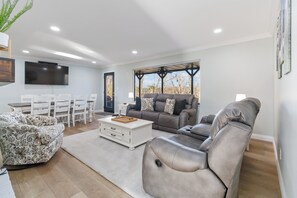 Smart TV, fireplace, books
