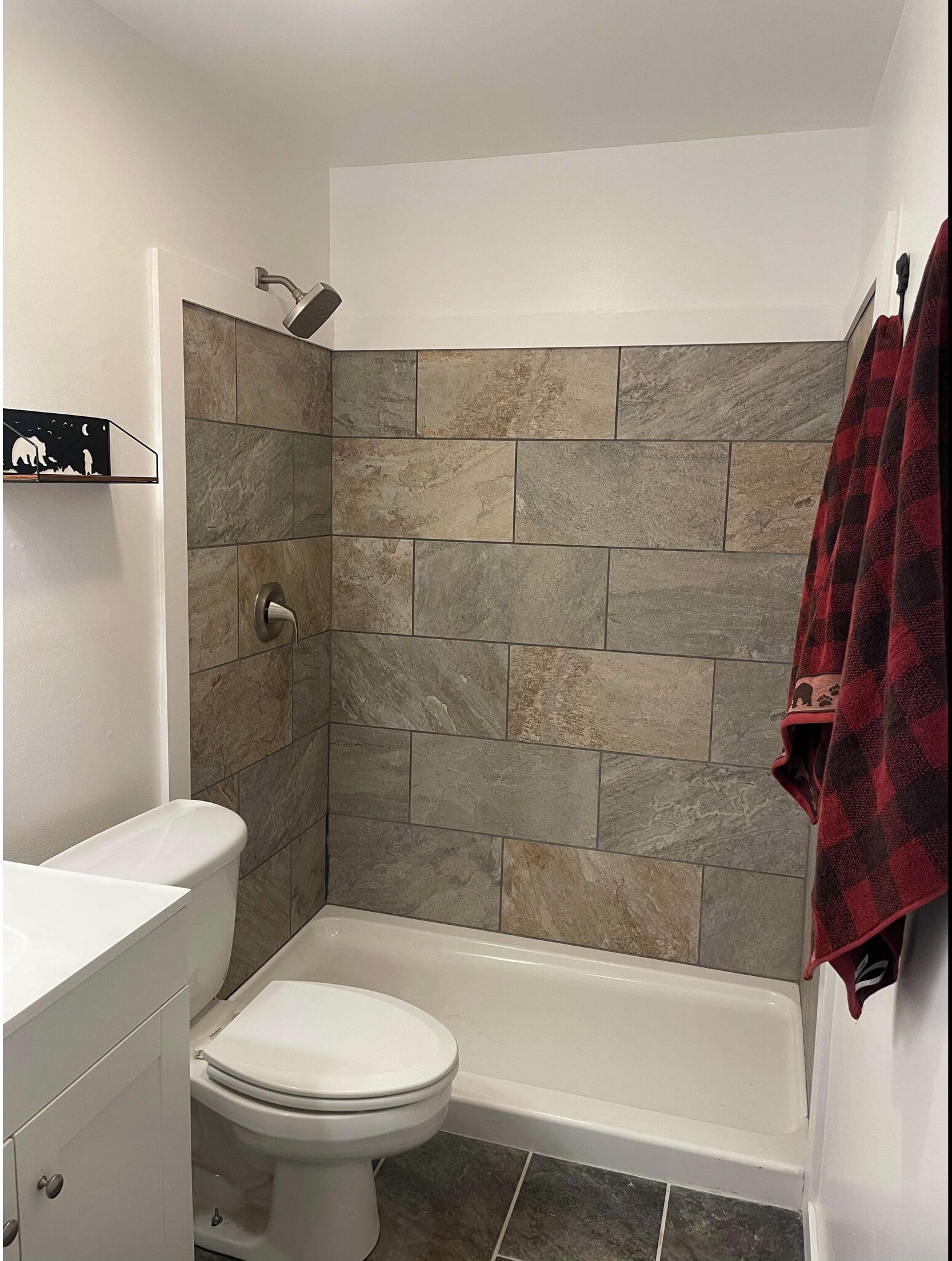 A bathroom with a shower, toilet, and bathtub.