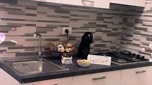 A modern kitchen with a black kettle, a box of tea, and a basket of bread on the counter. - Rosetta's Experience (Roma)
