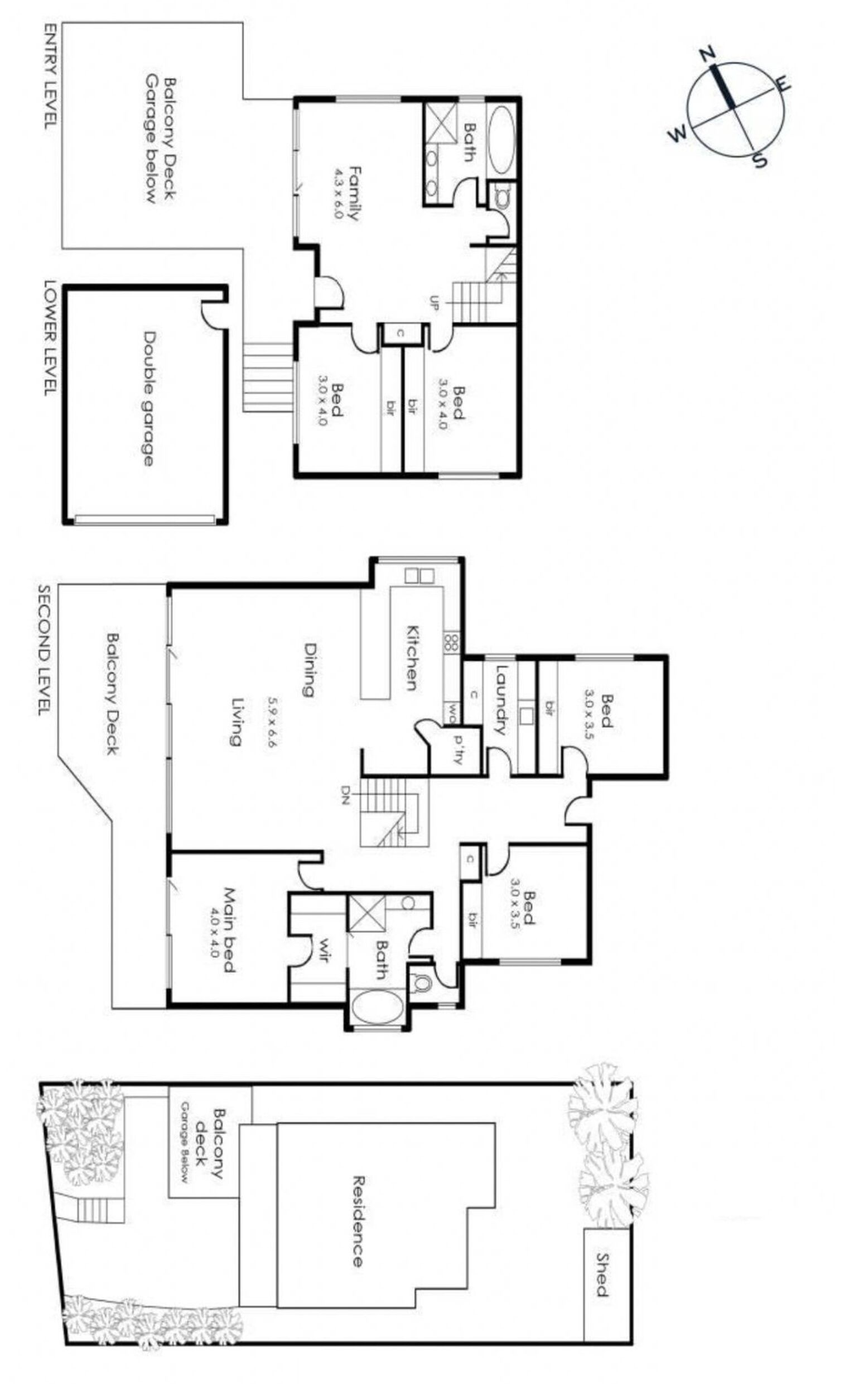 A floor plan of a residential property with a double garage, a balcony deck, a family room, a dining area, a kitchen, a living room, a bathroom, and a shed.