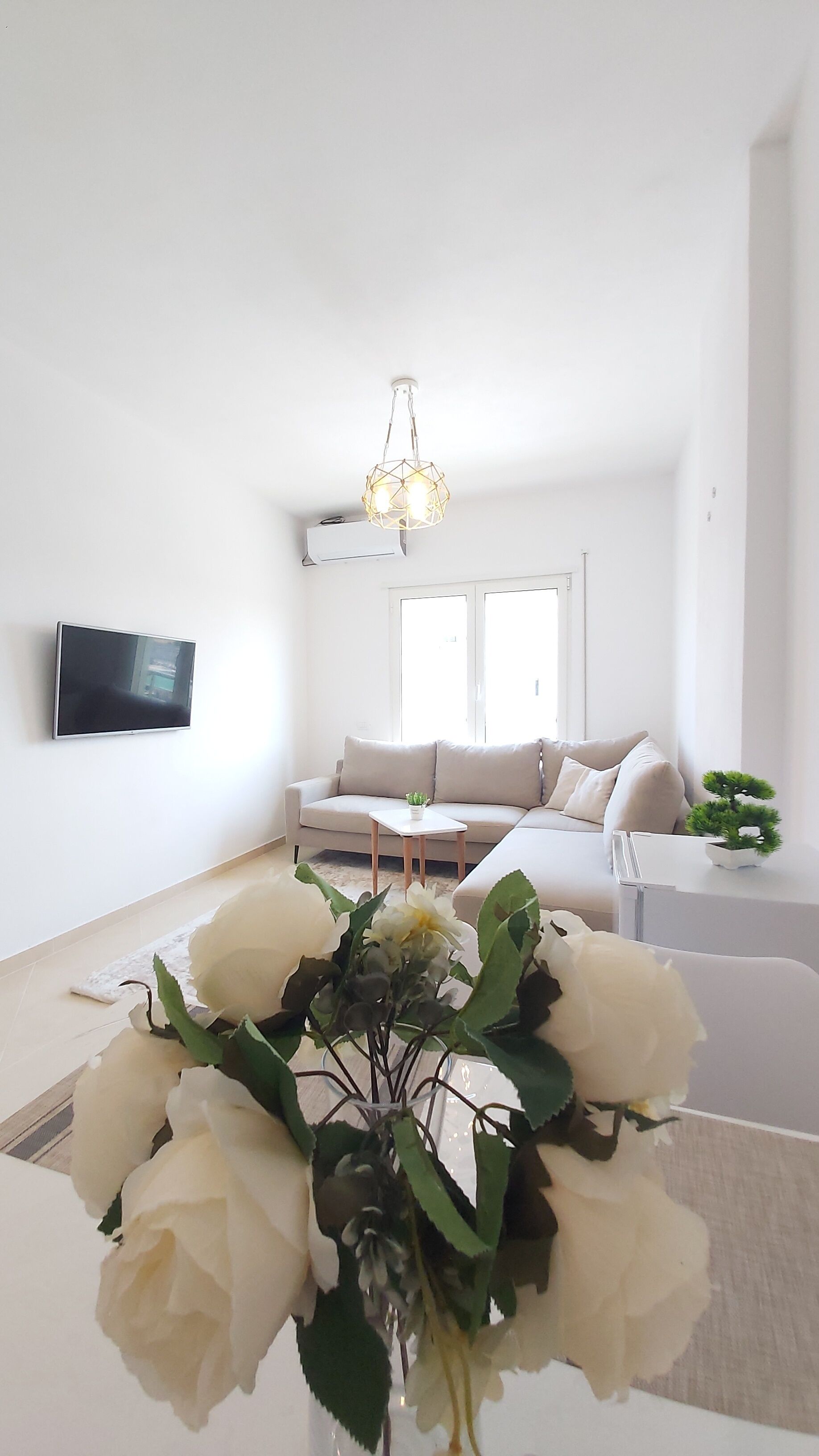 A modern living room with a sofa, a flat-screen TV, a small table with a plant, and a decorative vase with flowers.