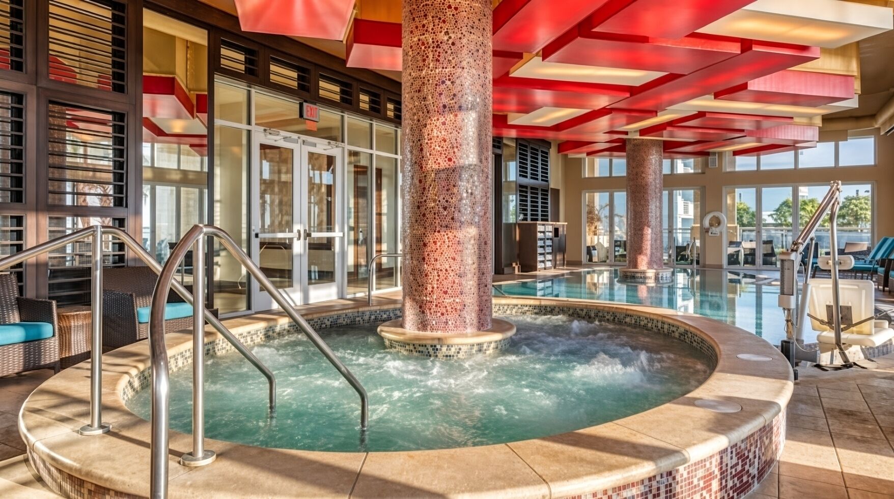 A hot tub area with a tiled floor, metal railings, and a central column with a mosaic pattern.
