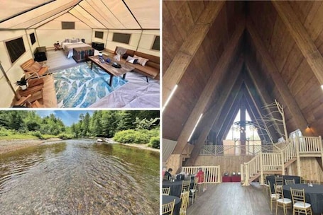 Dineren. Safari Tent nestled in the woods on the Schroon River with beach and island!