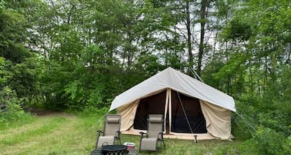 Safari Tent nestled in the woods on the Schroon River with beach and island!