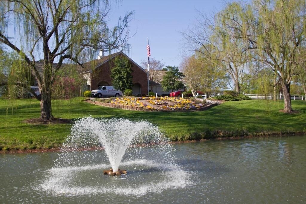 A fountain in a park with a building and flag in the background.