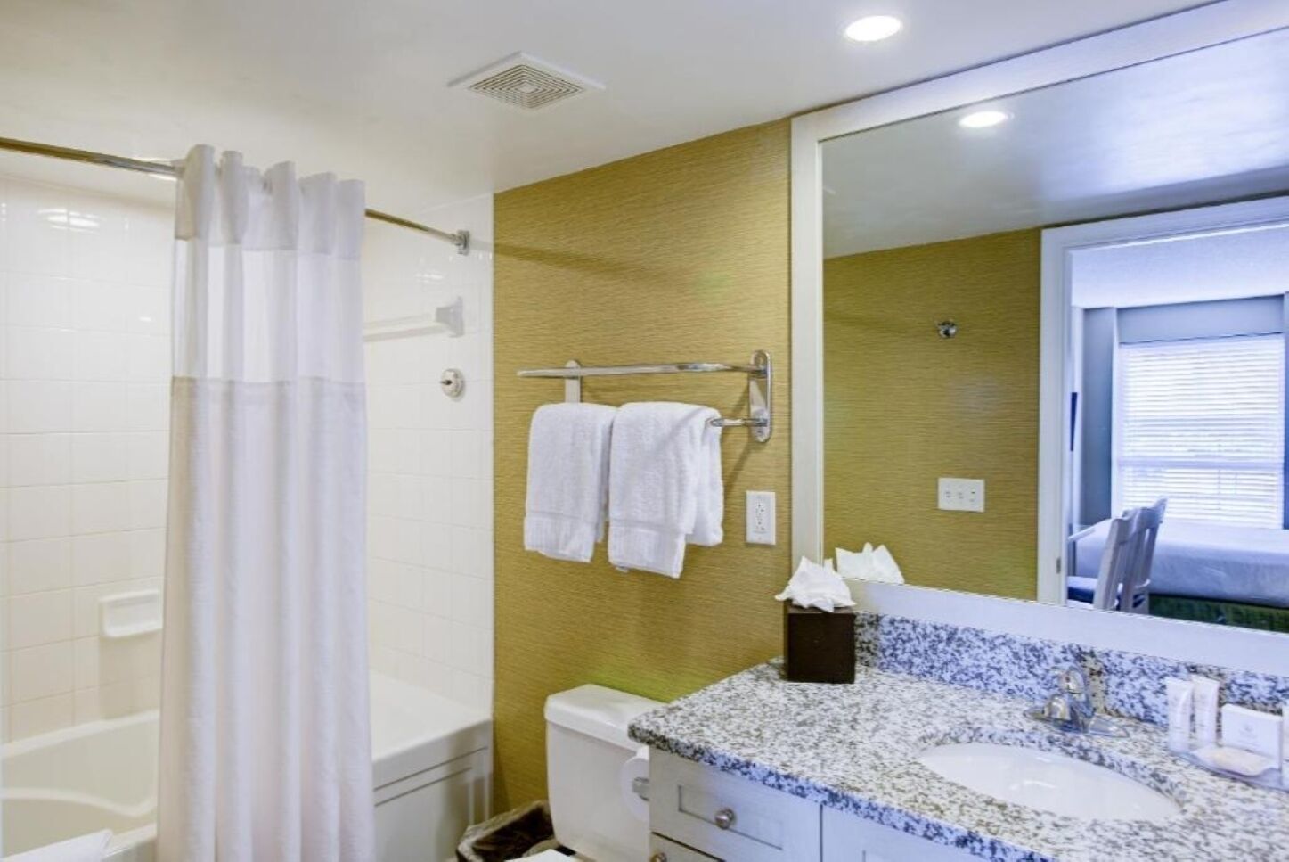 A bathroom with a shower, toilet, and sink with a mirror.
