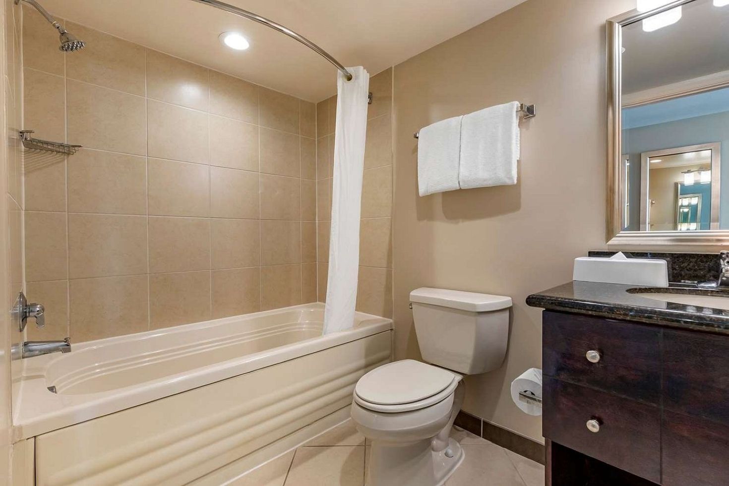 Une salle de bain avec une baignoire, des toilettes et un meuble-lavabo avec un miroir.