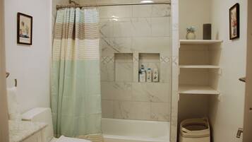 Hair dryer, towels, soap, shampoo