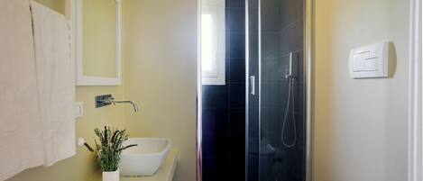 A bathroom with a white sink, a mirror, a potted plant, and a glass-enclosed shower.