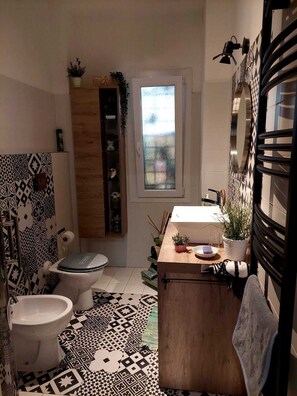 Douche, séchoir à cheveux, bidet, serviettes fournies