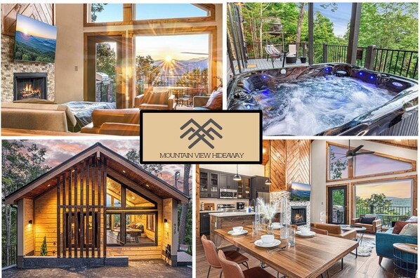 A cozy mountain retreat with a fireplace, a hot tub, and a dining area with a scenic view.