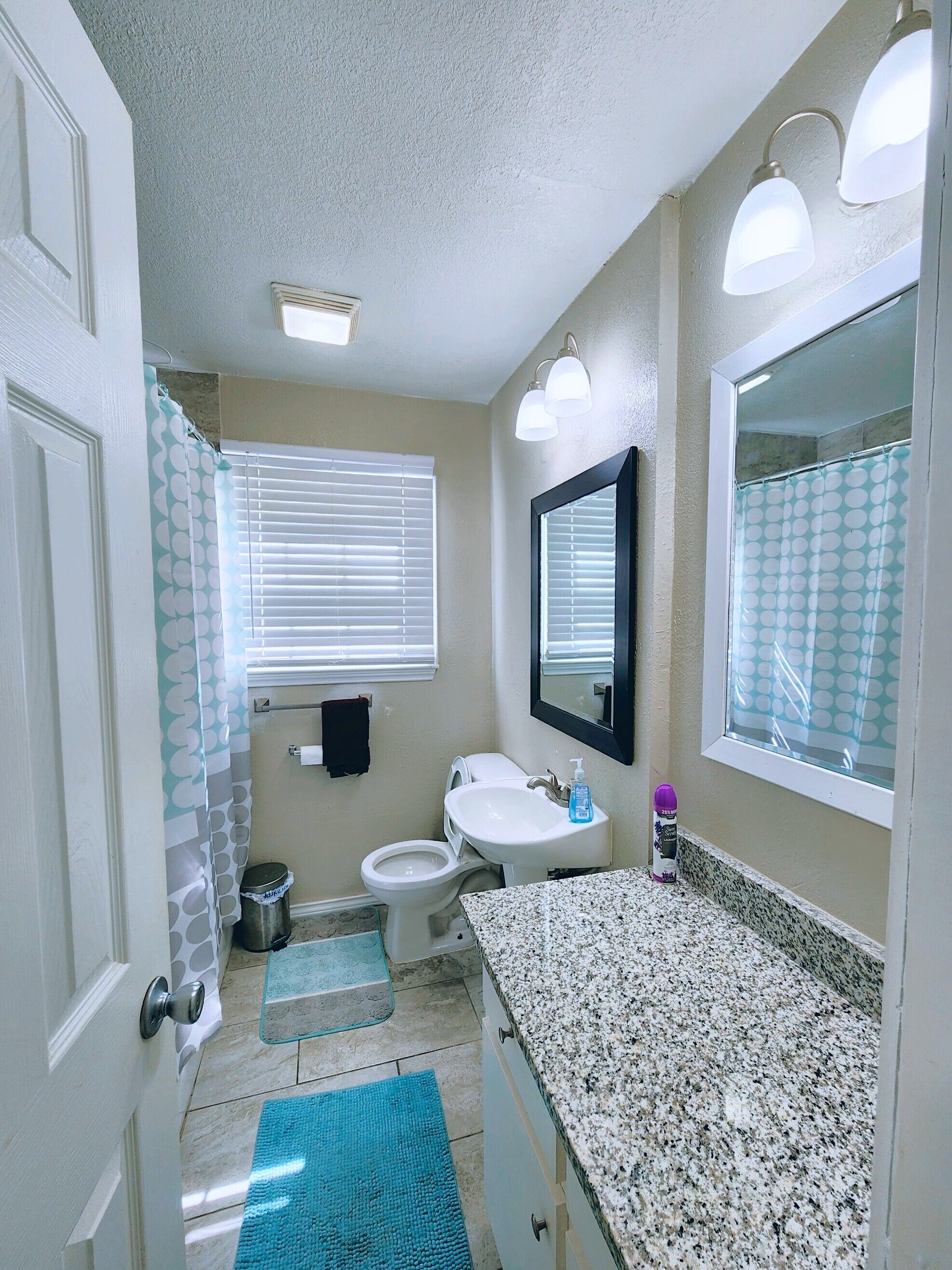 Hair dryer, towels, soap, shampoo