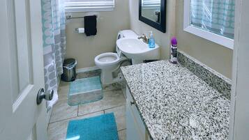 Hair dryer, towels, soap, shampoo