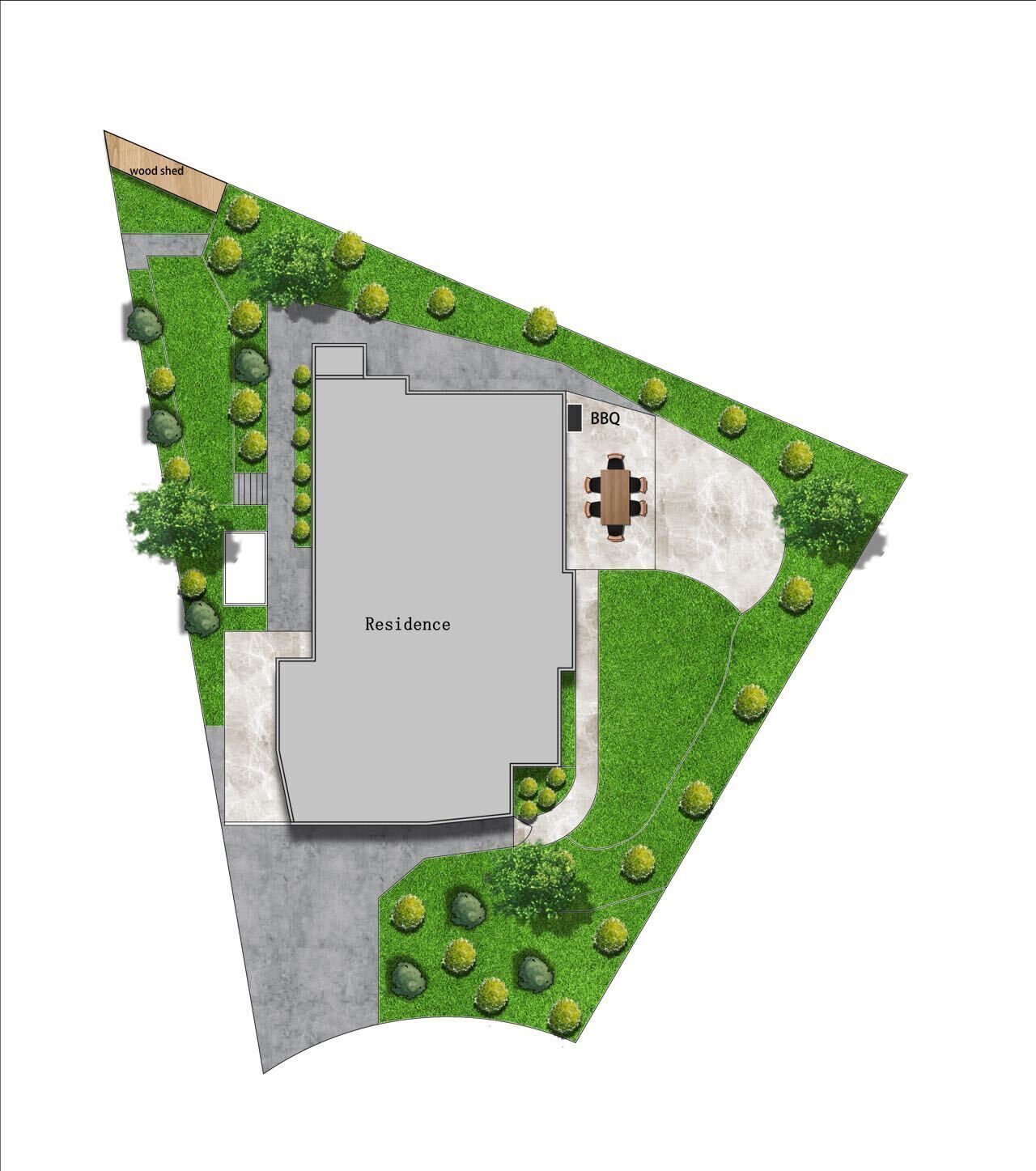 Een indeling met een centraal woongedeelte, een barbecue en een houtopslag.
