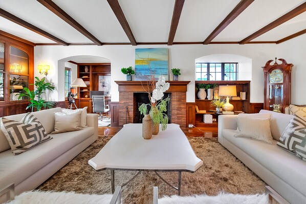 Smart TV, fireplace, books, computer monitors