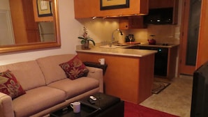 A compact living space with a sofa, a small coffee table, a kitchen area with a sink and countertop, and a television. - Beautiful Efficiency: full size kitchen, pet & 420  friendly, walk to everything (Bellingham)