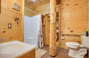 Combined shower/bathtub, hair dryer, towels - Sugar Grove Log Cabin | HOT TUB + Fire Pit! (Huntingdon)