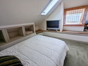 Un dormitorio con cama, estanterías empotradas, televisor y tragaluz.