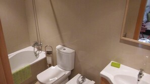 Hair dryer, bidet, towels, soap