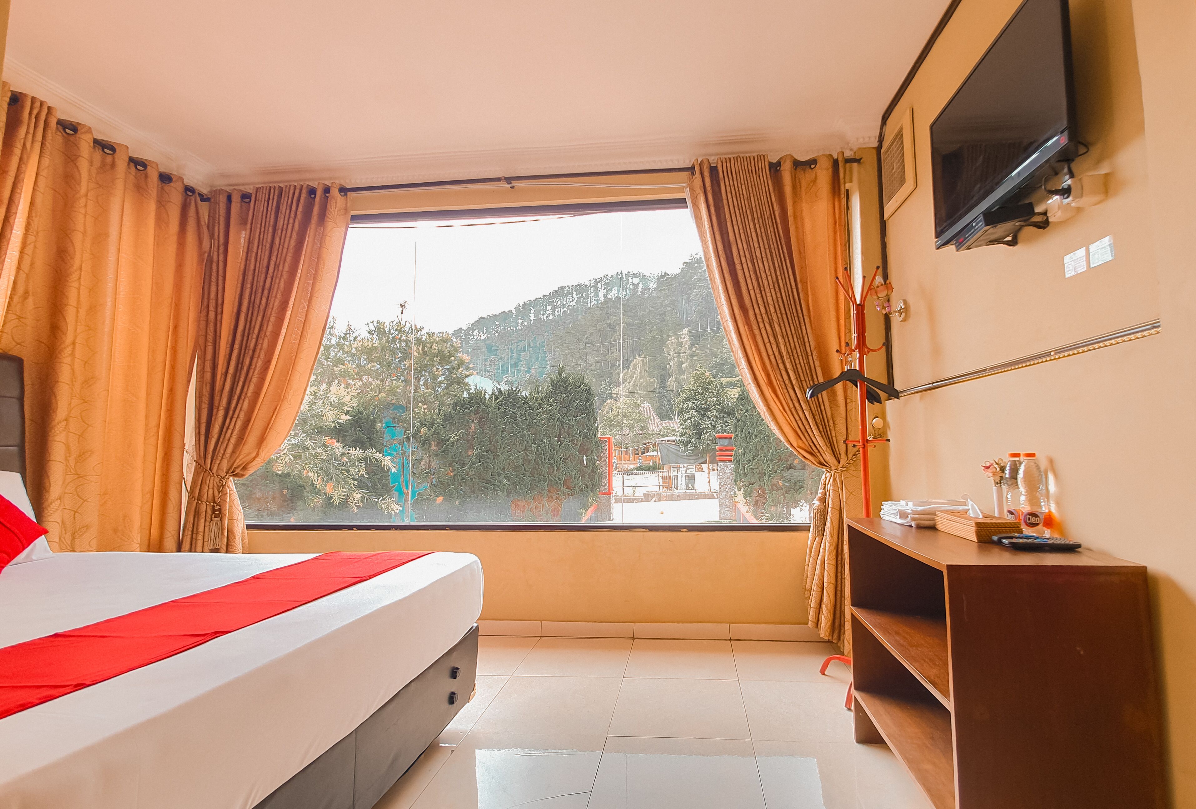 A hotel room with a bed, a TV, a window with curtains, and a view of a forested area.