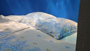 A room with a bed, pillows, and a blue wall. - Home & Gardens 2-Bed Villa in Sevasti, Katerini (Katerini)