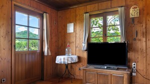 A wooden-paneled room with a television on a wooden cabinet, a table with a striped tablecloth, and a window with curtains.