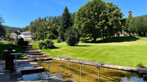 Een park met een vijver, trappen die naar een verhoging leiden, en een gebouw op de achtergrond.