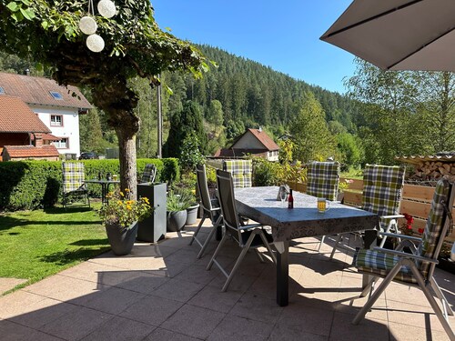 Ferienwohnung Wildbach, 80 qm, Infrarotsauna, umzäunter Garten, Grill, Wlan, Waldrandlage