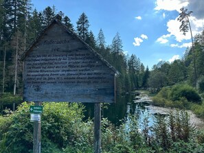 A wooden sign with historical information, a river, and dense forest in the background.