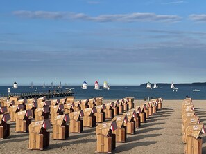 A beach with rows of numbered beach huts and a pier in the background.