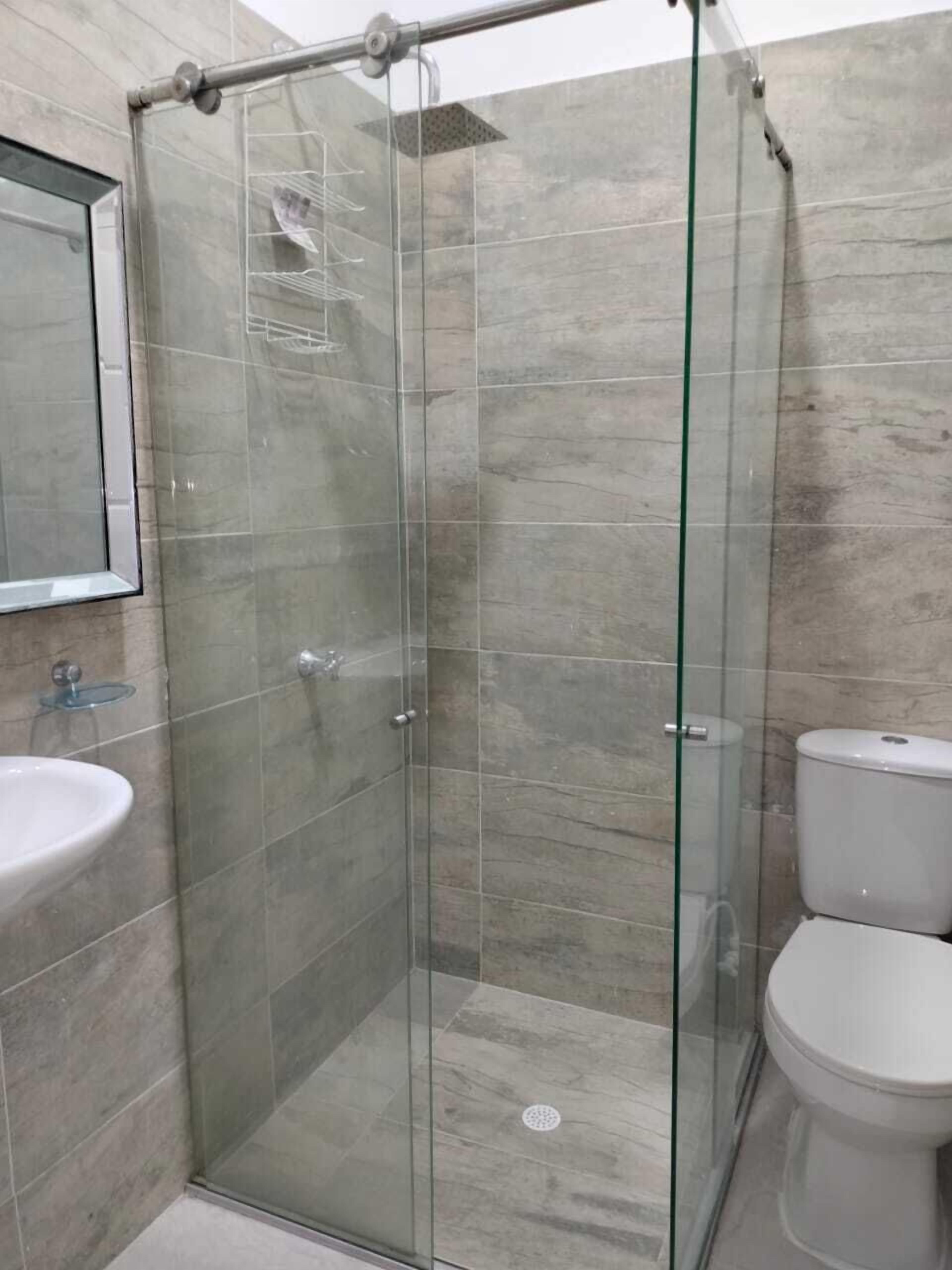 shower, rainfall showerhead, towels, soap