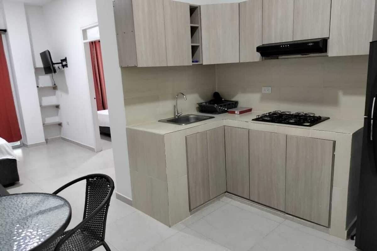 fridge, microwave, cookware/dishes/utensils