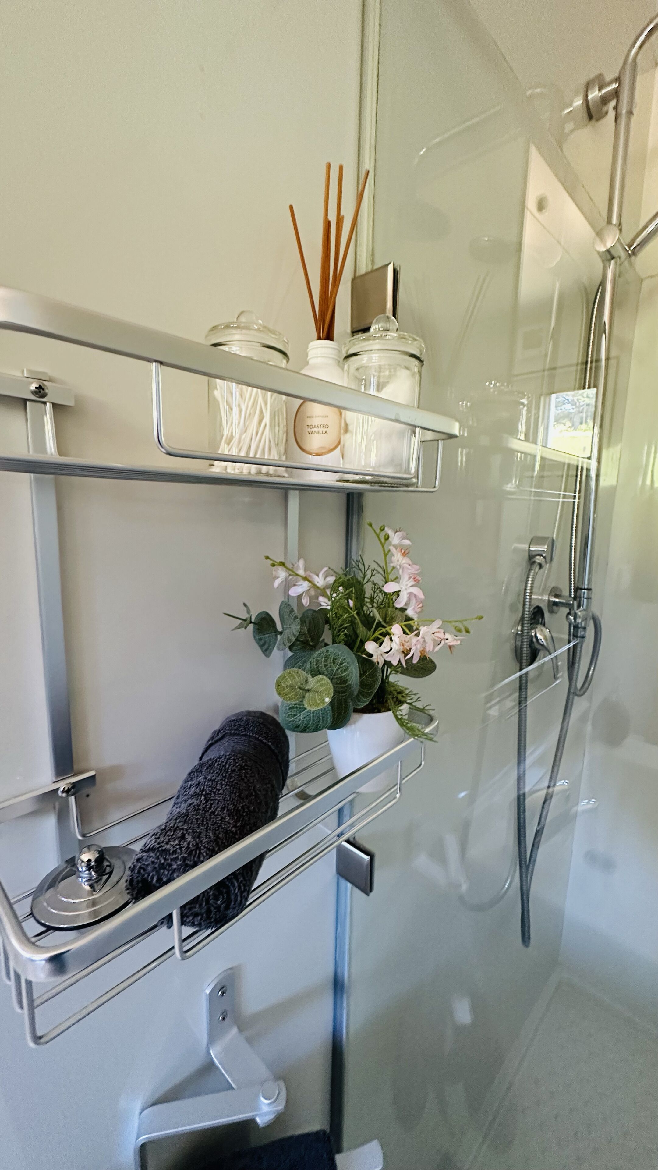 Hair dryer, towels, soap, shampoo