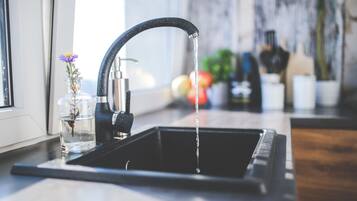 A kitchen sink with a modern faucet, a glass vase with flowers, and a window in the background.