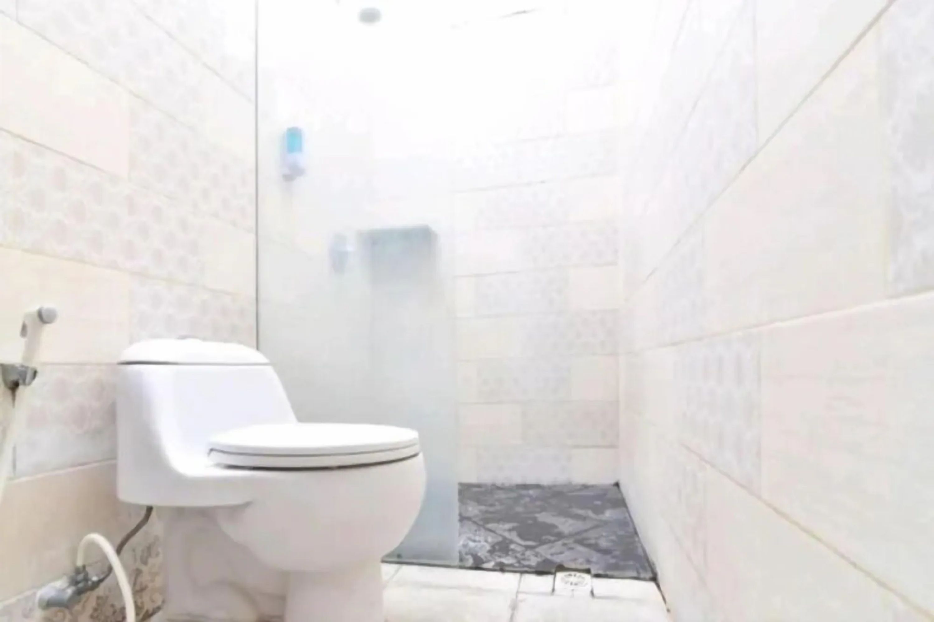 Un baño pequeño con inodoro, zona de ducha y paredes de azulejos.