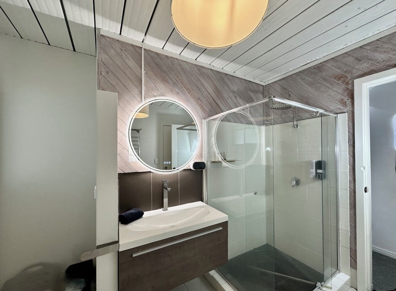 A modern bathroom with a glass shower enclosure, a vanity with a mirror, and a ceiling light fixture.
