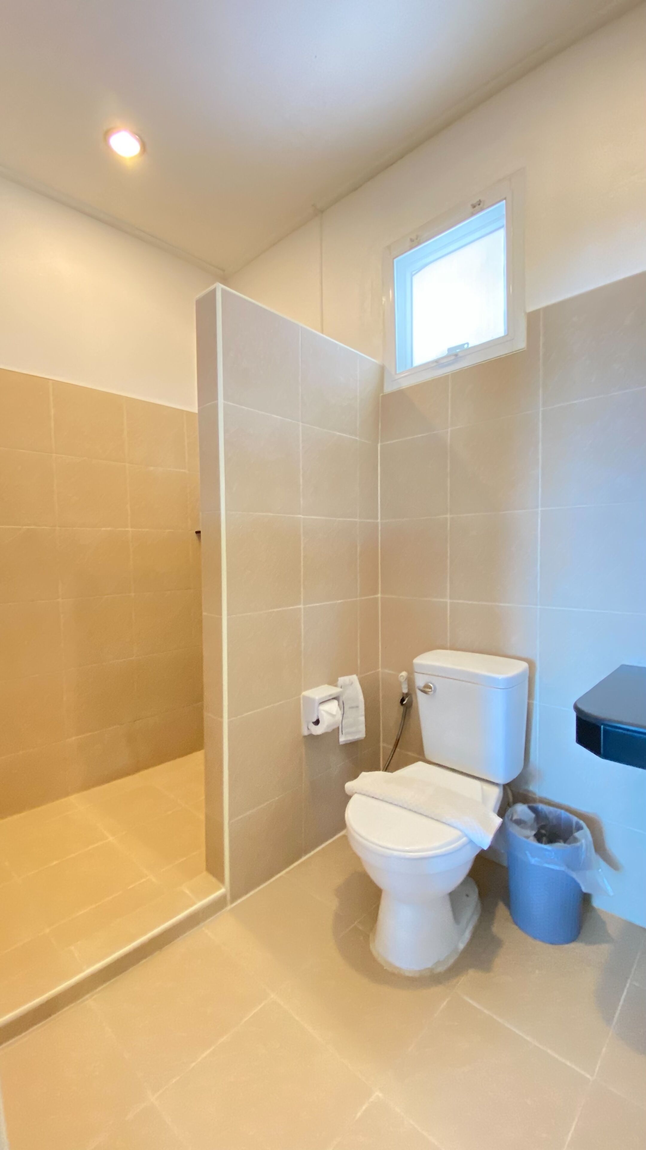 A bathroom with a shower, toilet, and a small window.