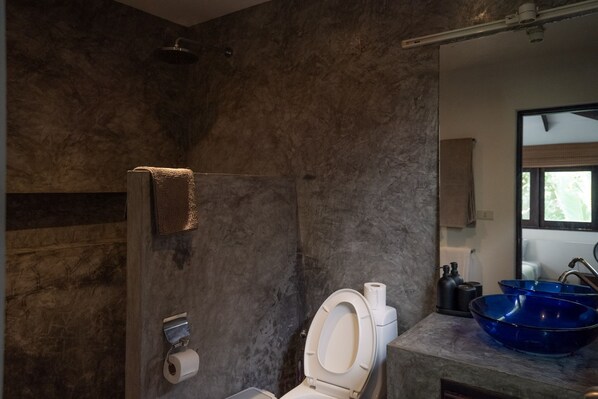 A bathroom with a shower, toilet, and a sink with a blue basin.