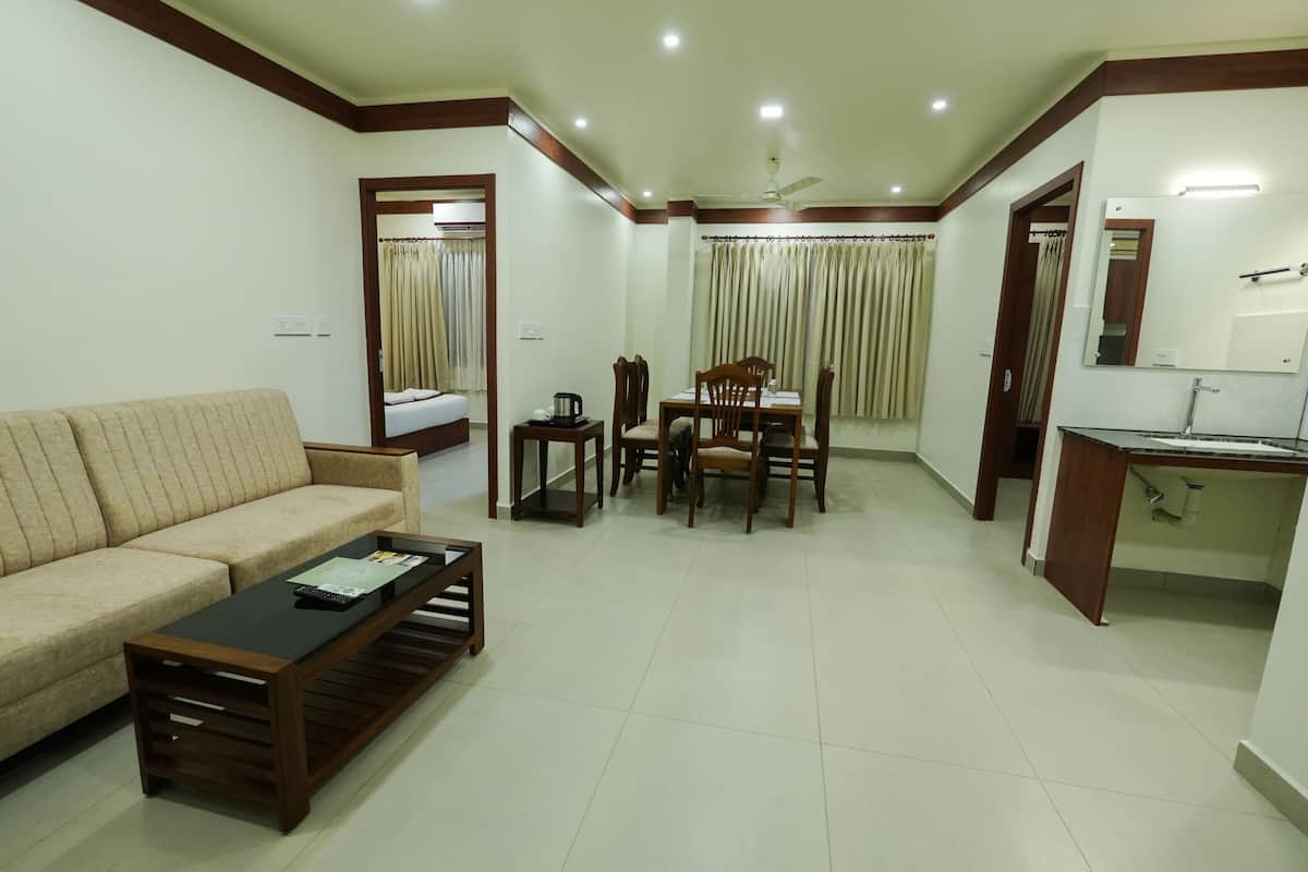 A living room with a sofa, coffee table, dining table, chairs, and a small kitchen area with a sink and countertop.