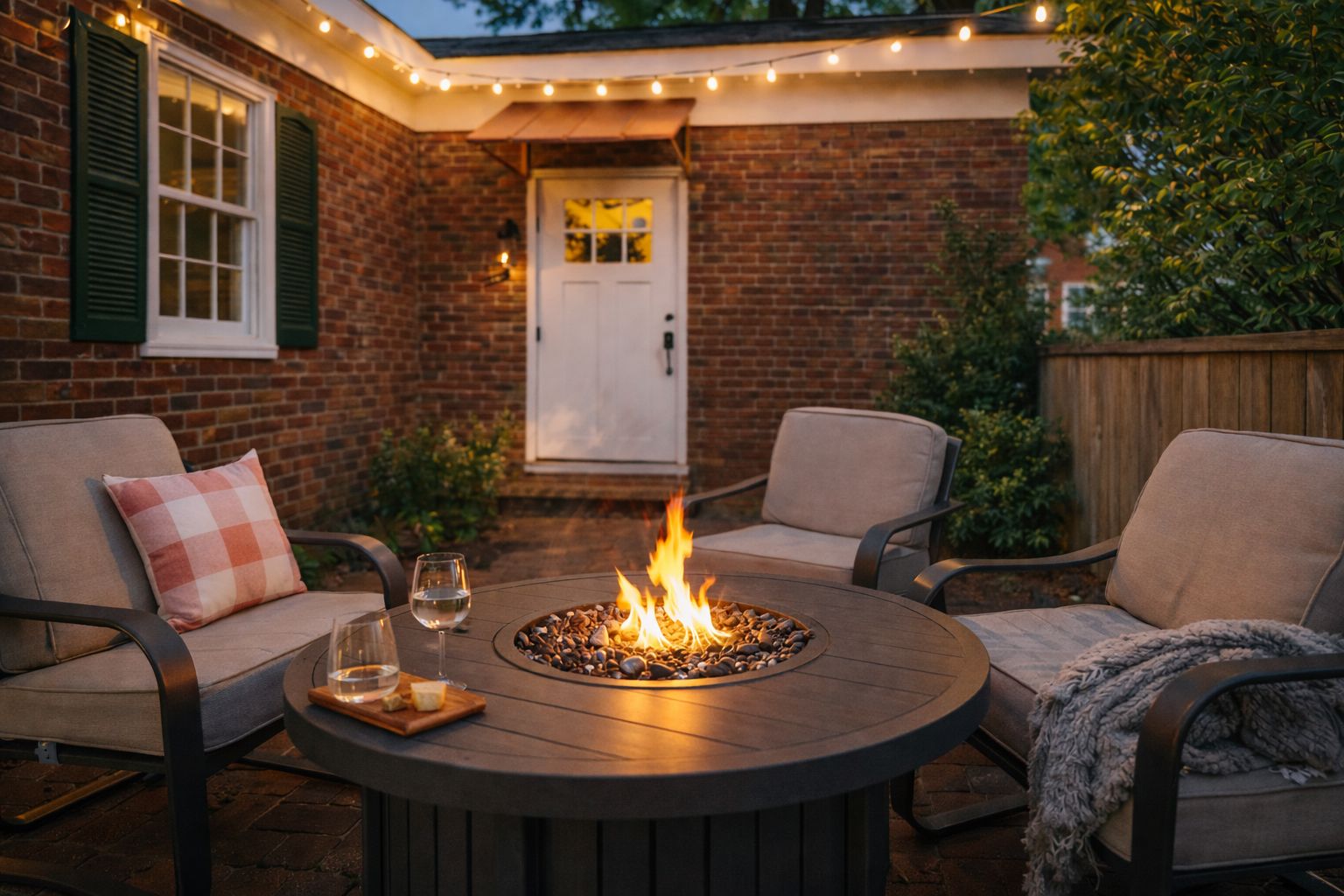 Une terrasse avec une table ronde, deux chaises, un foyer et des guirlandes lumineuses.
