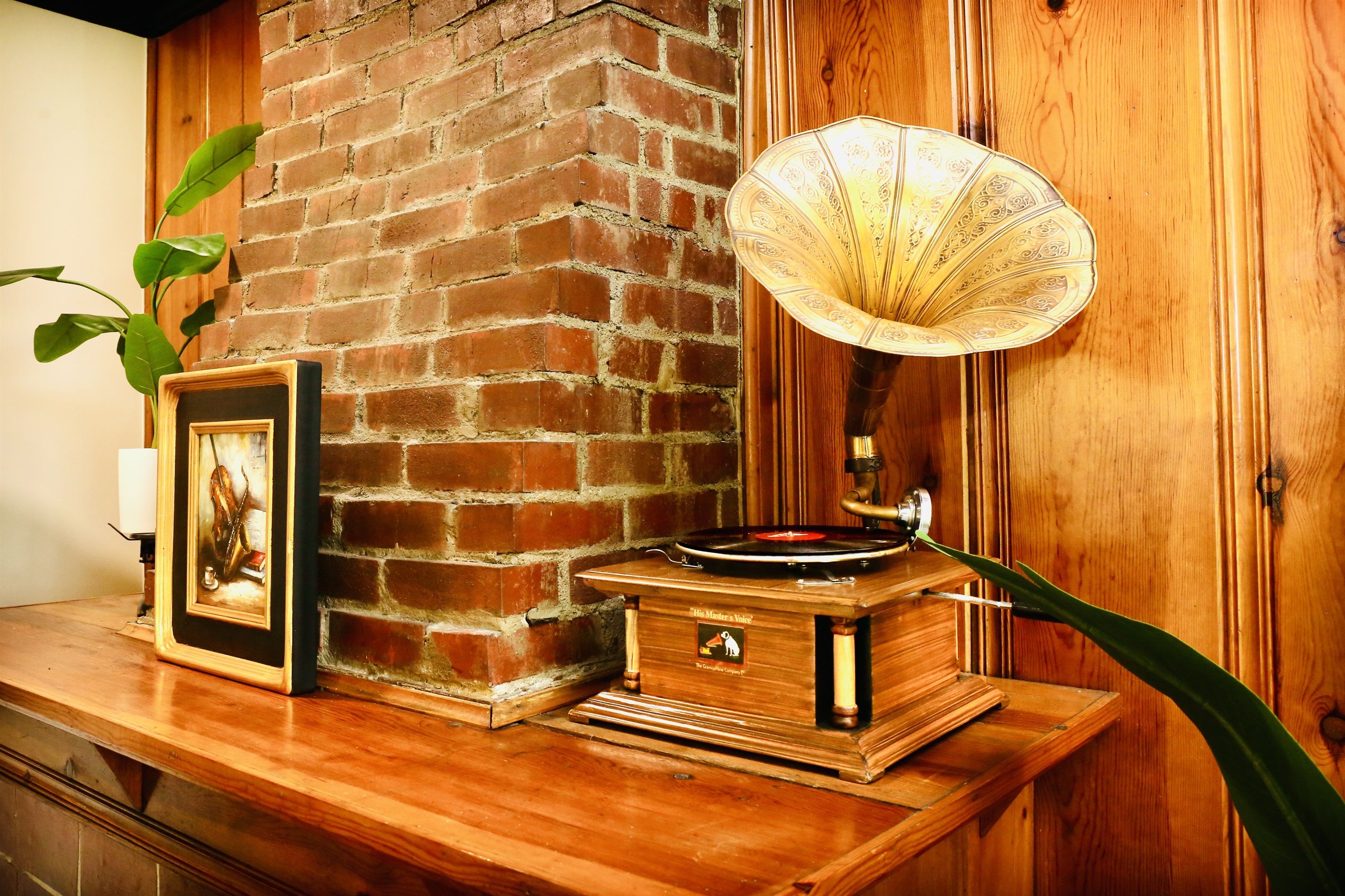 A wooden table with a vintage record player, a framed picture, and a potted plant.