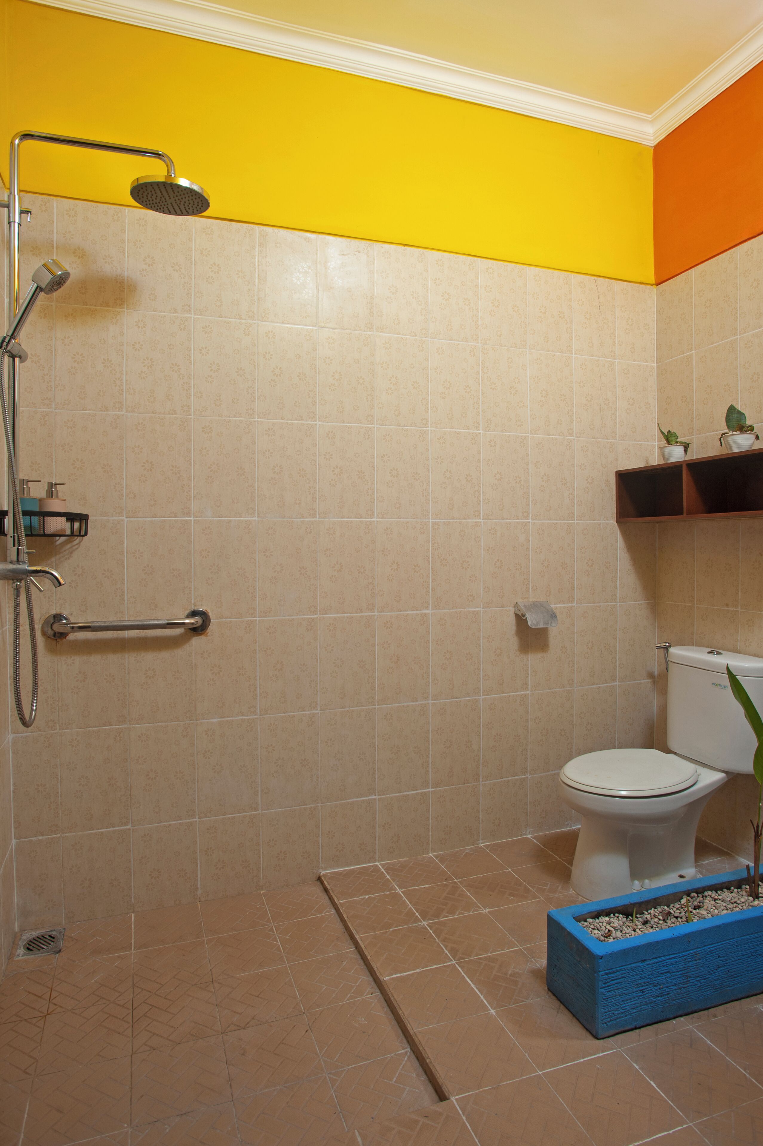 A bathroom with a shower, toilet, and a shelf with plants.