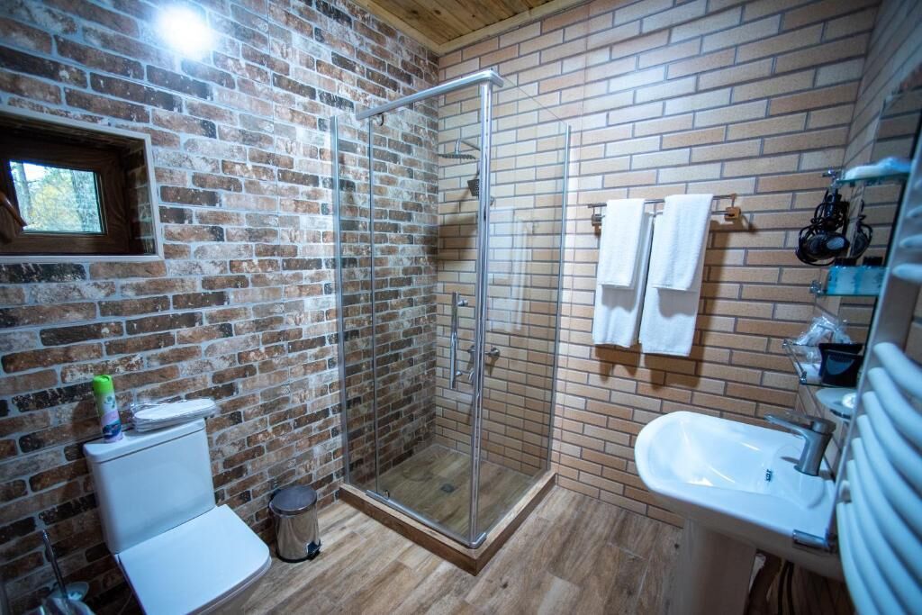 Un baño con cabina de ducha de vidrio, un lavabo blanco y un inodoro.