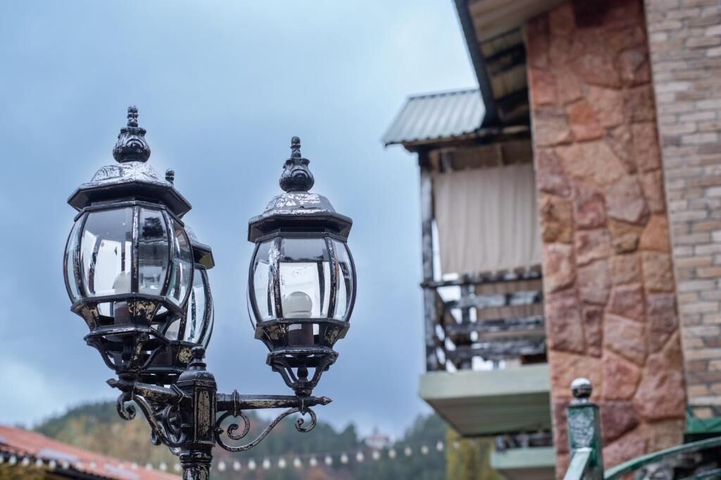 Two ornate street lamps with a stone building in the background.